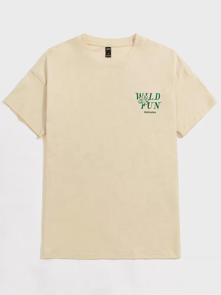 Manfinity VCAY Men's Loose-Fit Cartoon And Slogan Printed Drop Shoulder T-Shirt - Beige - View 2