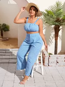 SHEIN Unity Plus Gingham Cami Top & Split Hem Trousers - Blue and White - View 1