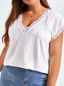 SHEIN LUNE Plus Eyelet Embroidery Batwing Sleeve Tee - White - View 1