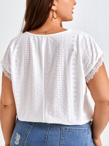 SHEIN LUNE Plus Eyelet Embroidery Batwing Sleeve Tee - White - View 2