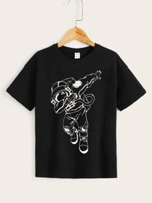 SHEIN 少年夏季休閒針織短袖圓領太空人圖案寬鬆T卹，反光肖像印花 - 黑色 - 查看 2