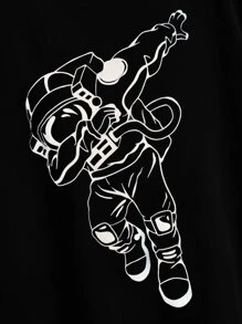 SHEIN 少年夏季休閒針織短袖圓領太空人圖案寬鬆T卹，反光肖像印花 - 黑色 - 查看 4