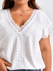 SHEIN LUNE Plus Eyelet Embroidery Batwing Sleeve Tee - White - View 4