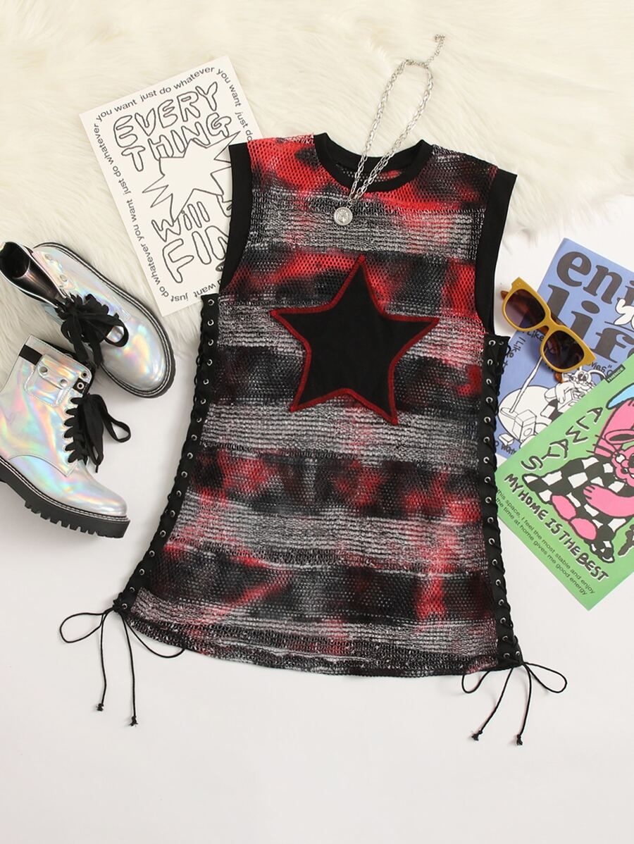 ROMWE PUNK Áo hai dây Ren lên cắt Thùa khuyết Tương phản ràng buộc Sọc Cà vạt nhuộm Gợi cảm - Nhiều màu - Xem 1