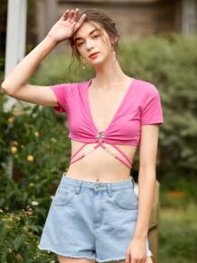 SHEIN Rhinestone Butterfly Detail Tie Back Top - Pink - View 1