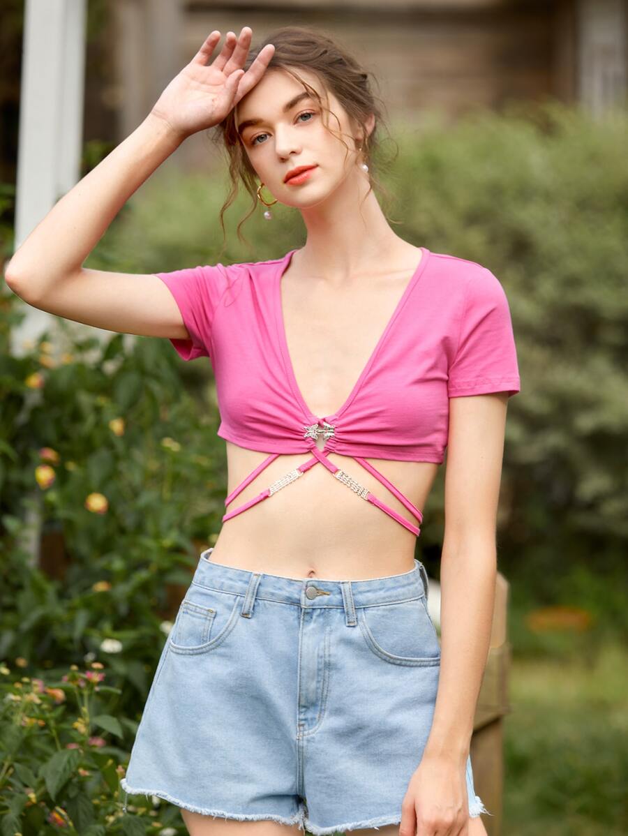 SHEIN Rhinestone Butterfly Detail Tie Back Top - Pink - View 1
