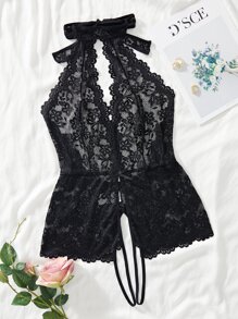 Plus Floral Lace Crotchless Teddy Bodysuit - Black - View 1