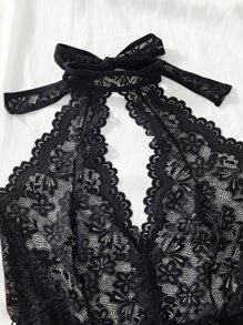 Plus Floral Lace Crotchless Teddy Bodysuit - Black - View 4