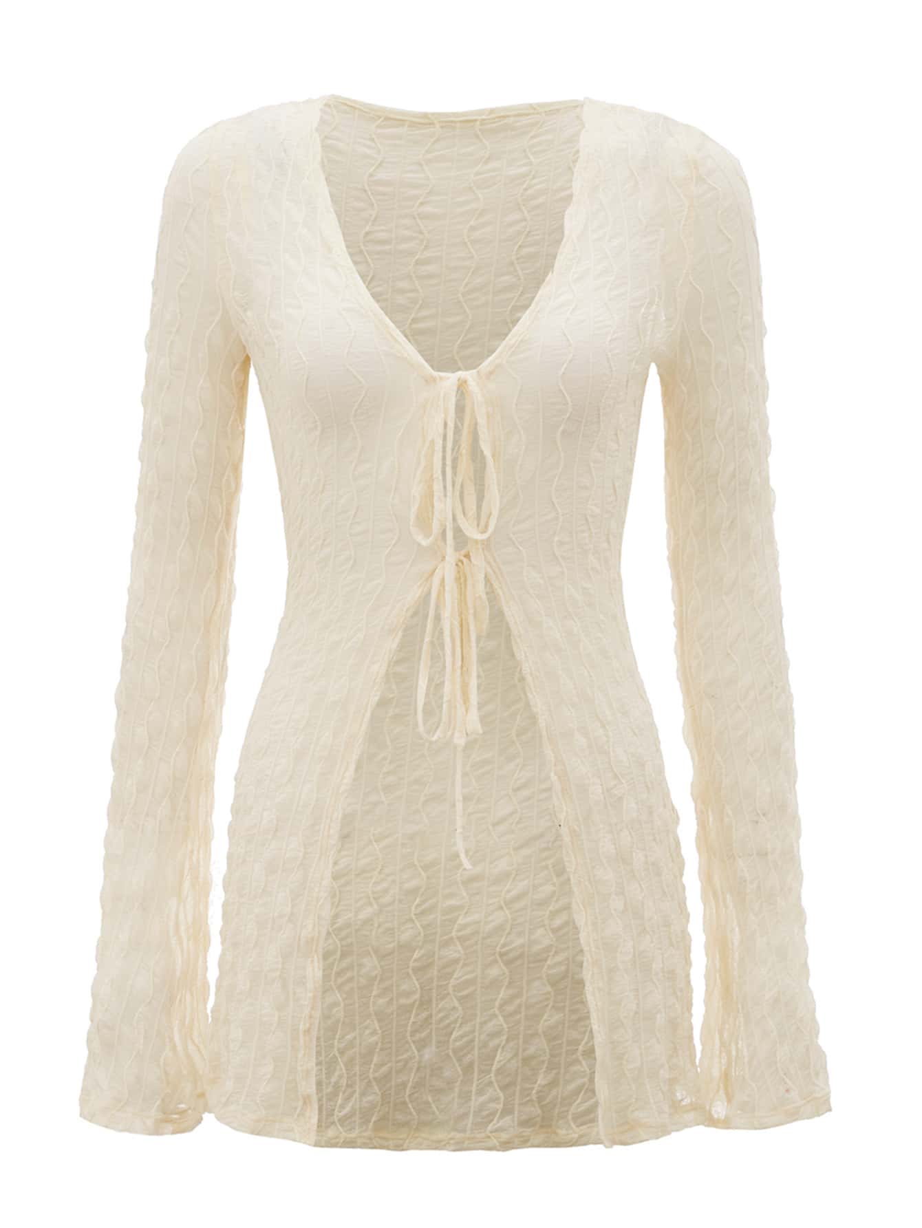 SHEIN ICON 90s Bell Sleeve Tie Front Textured Sheer Top