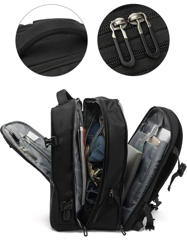 POSO 男士大功能背包前拉鏈旅行後背包 - 黑色 - 查看 10