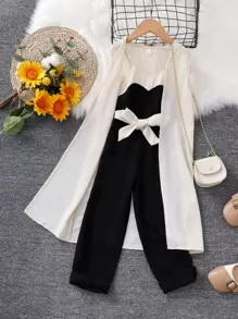 SHEIN Toddler Girls Solid Coat & Colour Block Cami Jumpsuit - Multicolor - View 1