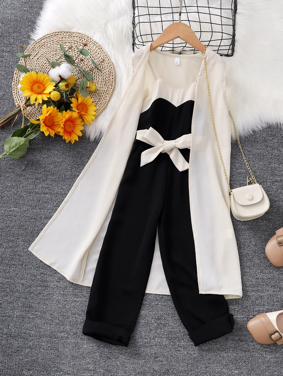 SHEIN Toddler Girls Solid Coat & Colour Block Cami Jumpsuit - Multicolor - View 1