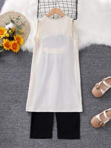 SHEIN Toddler Girls Solid Coat & Colour Block Cami Jumpsuit - Multicolor - View 2