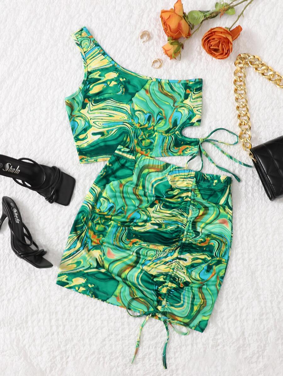SHEIN ICON 單肩大理石紋圖案上衣和側抽繩裙子套裝 - 綠色 - 查看 1