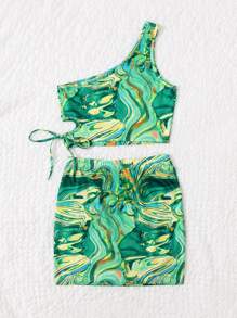 SHEIN ICON 單肩大理石紋圖案上衣和側抽繩裙子套裝 - 綠色 - 查看 2