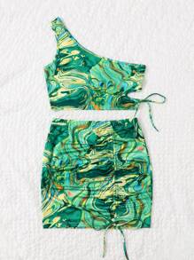SHEIN ICON 單肩大理石紋圖案上衣和側抽繩裙子套裝 - 綠色 - 查看 3