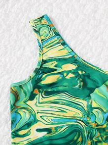 SHEIN ICON 單肩大理石紋圖案上衣和側抽繩裙子套裝 - 綠色 - 查看 4