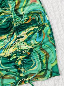 SHEIN ICON 單肩大理石紋圖案上衣和側抽繩裙子套裝 - 綠色 - 查看 5