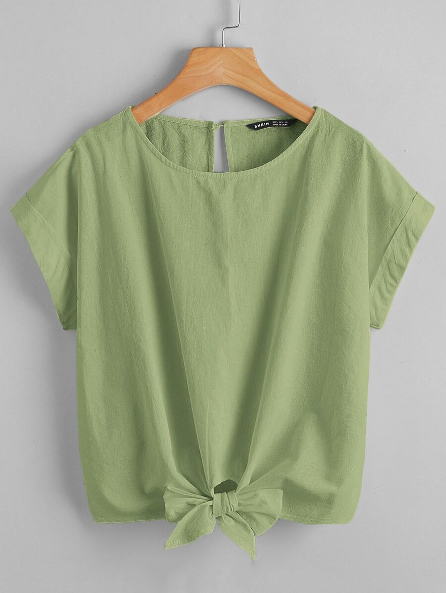 SHEIN LUNE Solid Roll Up Sleeve Tie Front Top - Lime Green - View 1