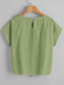 SHEIN LUNE Solid Roll Up Sleeve Tie Front Top - Lime Green - View 2