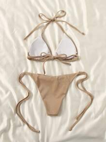 SHEIN Swim Bãi biển mùa hè Lấp lánh lấp lánh Áo ngực tam giác & Bộ đồ tắm bikini đáy bơi - màu nâu - Xem 2