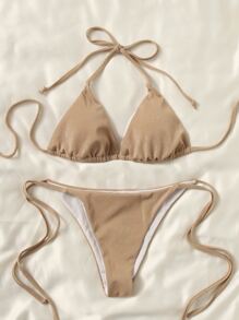 SHEIN Swim Bãi biển mùa hè Lấp lánh lấp lánh Áo ngực tam giác & Bộ đồ tắm bikini đáy bơi - màu nâu - Xem 3