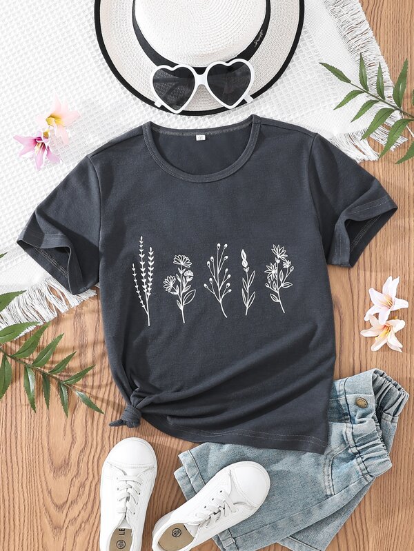 SHEIN T-shirt Für Tween Mädchen Mit Pflanzenmuster