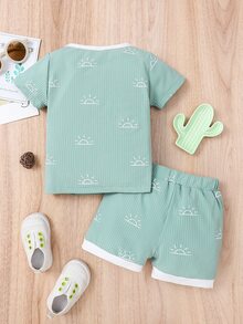 Đứa bé trai In mặt trời Đã vá Túi Áo thun & quần đùi - Màu xanh Bạc hà - Xem 2
