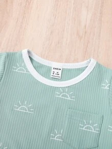 Đứa bé trai In mặt trời Đã vá Túi Áo thun & quần đùi - Màu xanh Bạc hà - Xem 3