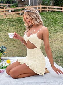 Aveloria Vestido de tirantes girante delantero con abertura bajo con fruncido schiffy - Beis - Ver 5