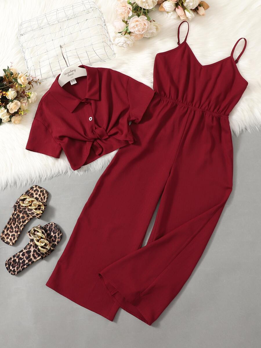 SHEIN Tween Girl Collar Button Front Crop Top & Cami Jumpsuit - Burgundy - View 1
