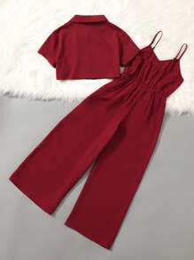 SHEIN Tween Girl Collar Button Front Crop Top & Cami Jumpsuit - Burgundy - View 2