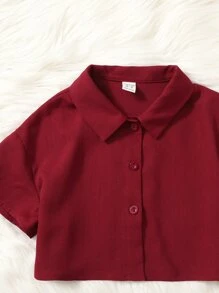 SHEIN Tween Girl Collar Button Front Crop Top & Cami Jumpsuit - Burgundy - View 3