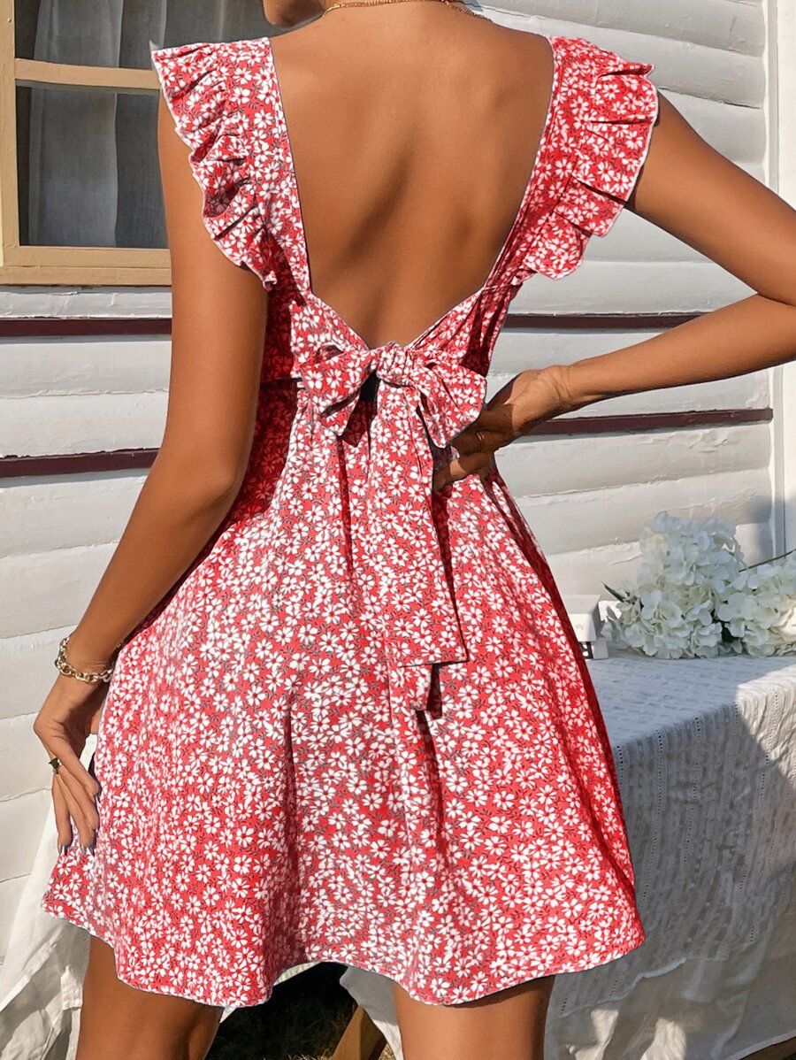 SHEIN Frenchy Ditsy Floral Backless Knot Ruffle Trim Dress - Red - View 1