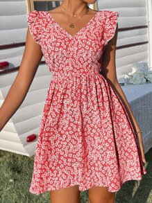 SHEIN Frenchy Ditsy Floral Backless Knot Ruffle Trim Dress - Red - View 2