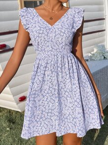 SHEIN Frenchy Ditsy Floral Backless Knot Ruffle Trim Dress Summer Vacation Flower Purple Beach - Purple - View 2