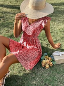 SHEIN Frenchy Ditsy Floral Backless Knot Ruffle Trim Dress - Red - View 3