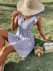 SHEIN Frenchy Ditsy Floral Backless Knot Ruffle Trim Dress Summer Vacation Flower Purple Beach - Purple - View 3