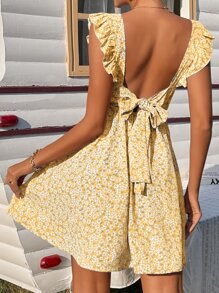 SHEIN Frenchy Ditsy Floral Backless Knot Ruffle Trim Dress - Yellow - View 1