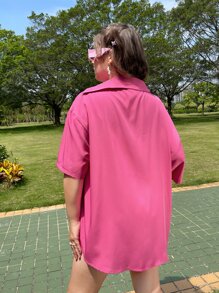 Plus Solid Drop Shoulder Shirt - Hot Pink - View 4