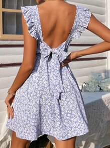 SHEIN Frenchy Ditsy Floral Backless Knot Ruffle Trim Dress Summer Vacation Flower Purple Beach - Purple - View 4