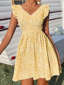 SHEIN Frenchy Ditsy Floral Backless Knot Ruffle Trim Dress - Yellow - View 2