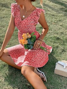 SHEIN Frenchy Ditsy Floral Backless Knot Ruffle Trim Dress - Red - View 5