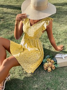 SHEIN Frenchy Ditsy Floral Backless Knot Ruffle Trim Dress - Yellow - View 3