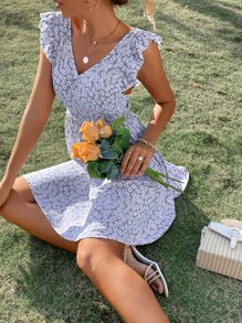 SHEIN Frenchy Ditsy Floral Backless Knot Ruffle Trim Dress Summer Vacation Flower Purple Beach - Purple - View 5