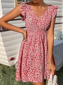 SHEIN Frenchy Ditsy Floral Backless Knot Ruffle Trim Dress - Red - View 6