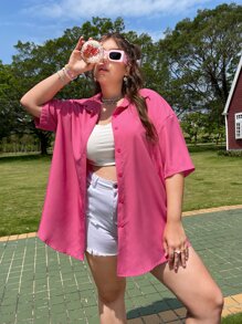 Plus Solid Drop Shoulder Shirt - Hot Pink - View 2