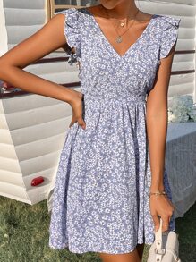 SHEIN Frenchy Ditsy Floral Backless Knot Ruffle Trim Dress Summer Vacation Flower Purple Beach - Purple - View 6