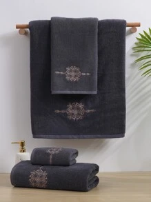 QIBHI 1 件欧洲花卉刺绣浴巾或面巾，柔软吸水，适用于浴室、泳池，不同尺寸单独出售 - 深灰色 - 查看 1