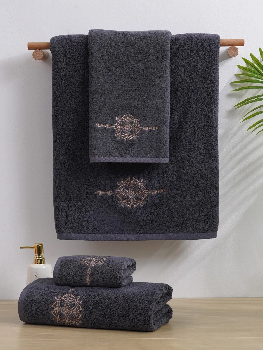 QIBHI 1 件欧洲花卉刺绣浴巾或面巾，柔软吸水，适用于浴室、泳池，不同尺寸单独出售 - 深灰色 - 查看 1